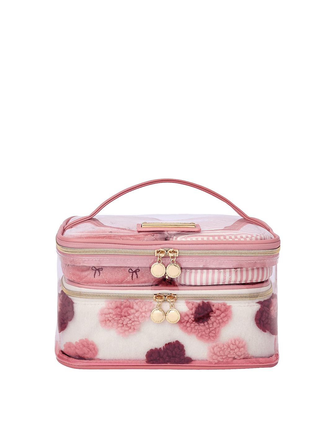 Poppy and Peonies Getaway Cosmetic Set Floral featuring a structured rectangular cosmetic case with a clear front panel, pink and berry floral patterns, blush pink trim, top carrying handle, gold-tone zipper closures, and decorative round zipper pulls.