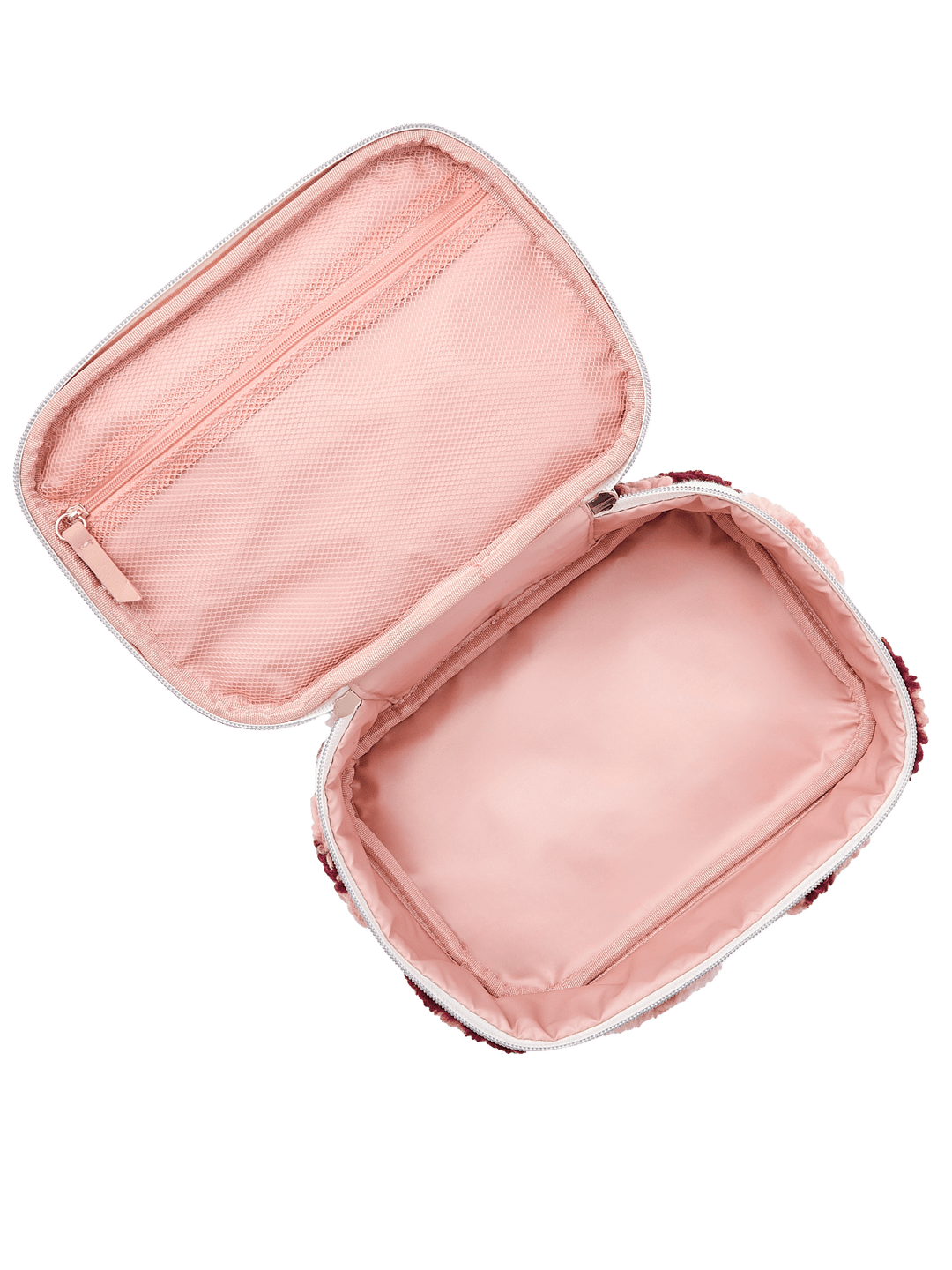 Poppy and Peonies Getaway Cosmetic Set Floral featuring an open cosmetic pouch with a soft blush pink interior, spacious main compartment, and zip-around closure for organizing beauty essentials.