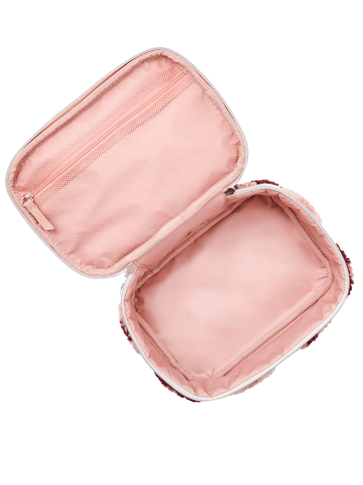 Poppy and Peonies Getaway Cosmetic Set Floral featuring an open cosmetic pouch with a soft blush pink interior, spacious main compartment, and zip-around closure for organizing beauty essentials.