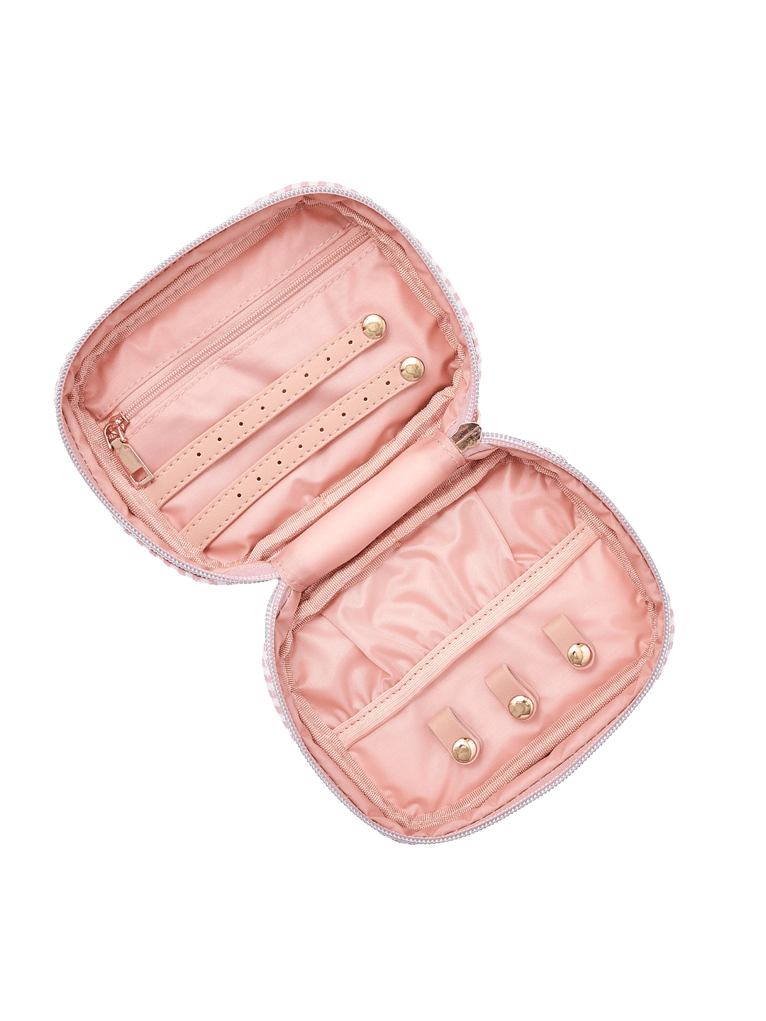 Poppy and Peonies Getaway Cosmetic Set Floral featuring an open cosmetic organizer with blush pink lining, multiple elastic storage pockets, divided compartments, and gold-tone zipper hardware.