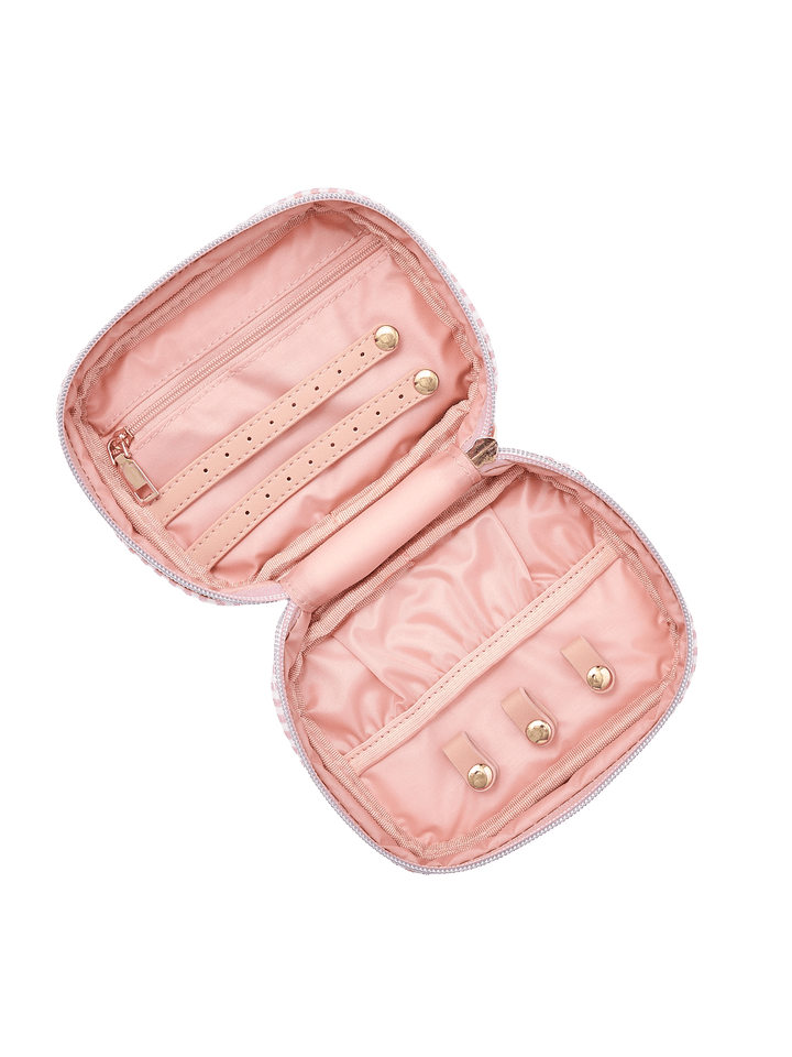 Poppy and Peonies Getaway Cosmetic Set Floral featuring an open cosmetic organizer with blush pink lining, multiple elastic storage pockets, divided compartments, and gold-tone zipper hardware.
