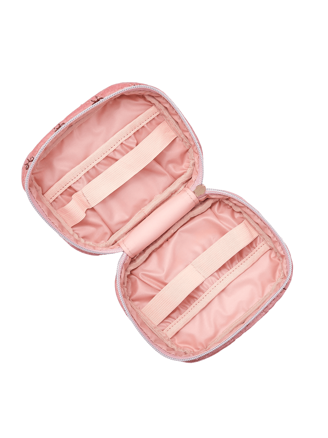 Poppy and Peonies Getaway Cosmetic Set Floral displayed fully open at an angle, showcasing its blush pink interior, elastic organizers, zippered storage sections, and compartments for cosmetics and travel essentials.