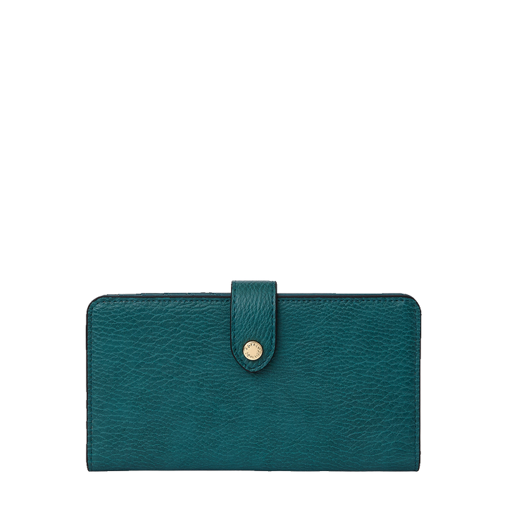 Teal wallet with a gold clasp on a white background