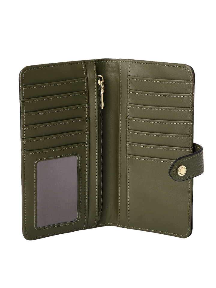 Go Anywhere Wallet in Olive showing 13 card slots, bill compartments, and ID window