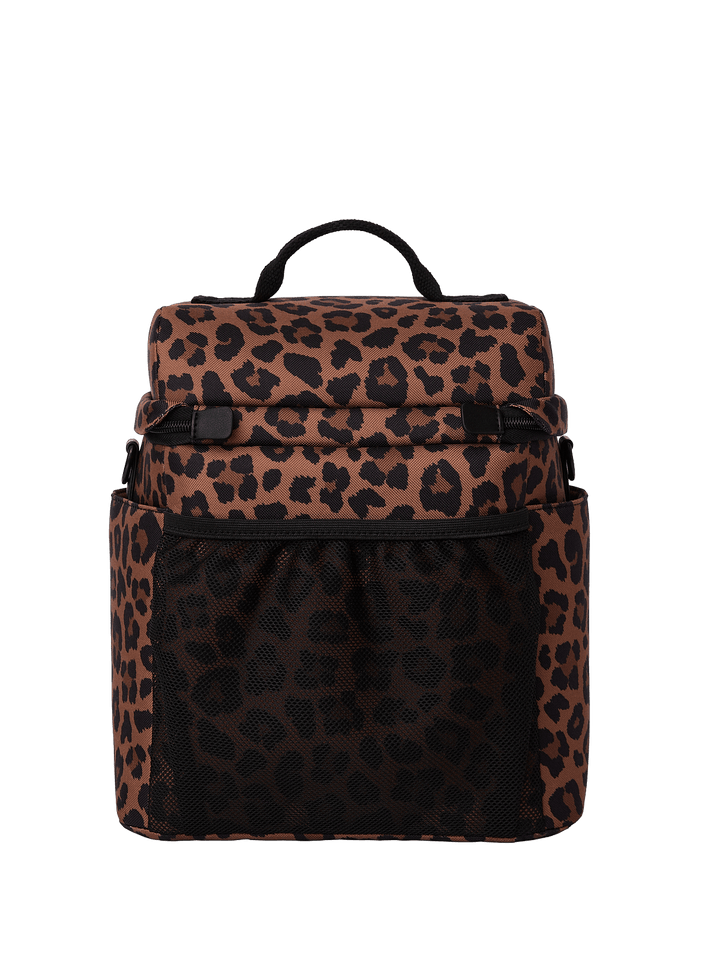 Leopard print lunch bag with a mesh outer pocket.