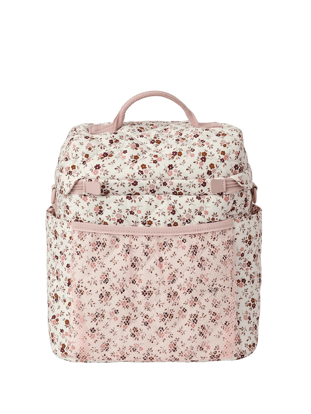 Floral-patterned lunch bag with a mesh pocket