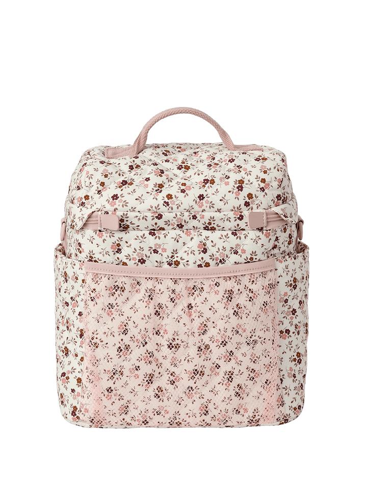 Floral-patterned lunch bag with a mesh pocket