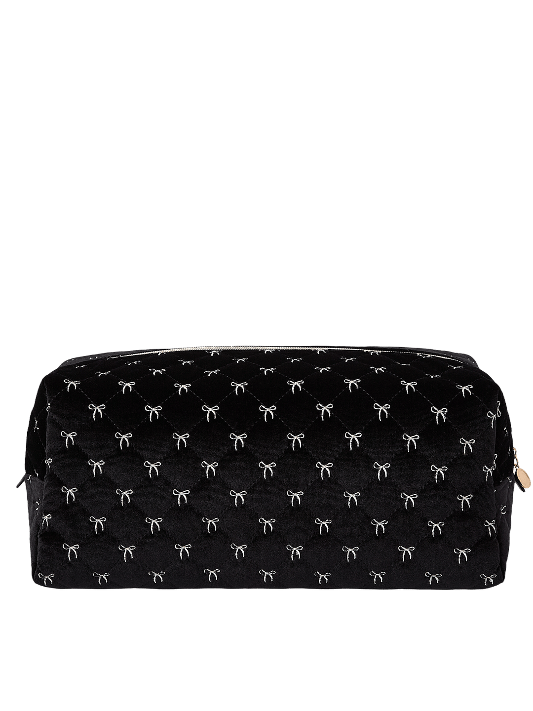 Poppy and Peonies The Mane Character Case Black Velvet displayed from the back, featuring its soft black velvet exterior with delicate white bow patterns, structured rectangular silhouette, rounded edges, and zippered top closure.