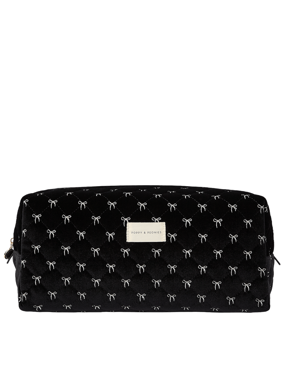 Poppy and Peonies The Mane Character Case Black Velvet featuring a structured rectangular silhouette, soft black velvet exterior with delicate white bow patterns, rounded edges, zippered top closure, and rectangular gold Poppy and Peonies logo plate on the front.