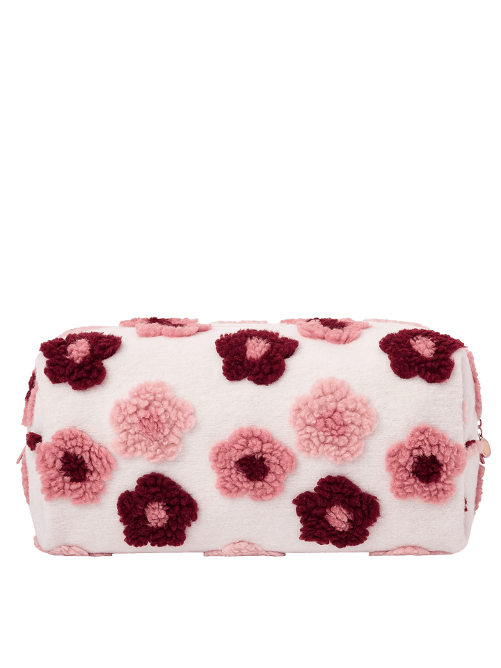 Poppy and Peonies The Mane Character Case Floral displayed from the back, featuring its soft cream-colored exterior with plush pink and berry floral patterns, structured rectangular silhouette, and zippered top closure.