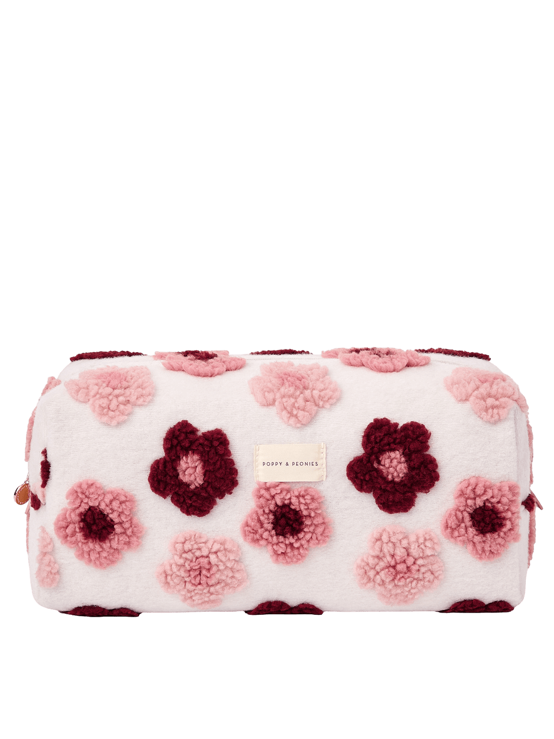 Poppy and Peonies The Mane Character Case Floral featuring a structured rectangular silhouette, soft cream-colored exterior with plush pink and berry floral patterns, rounded edges, zippered top closure, and gold-tone hardware.