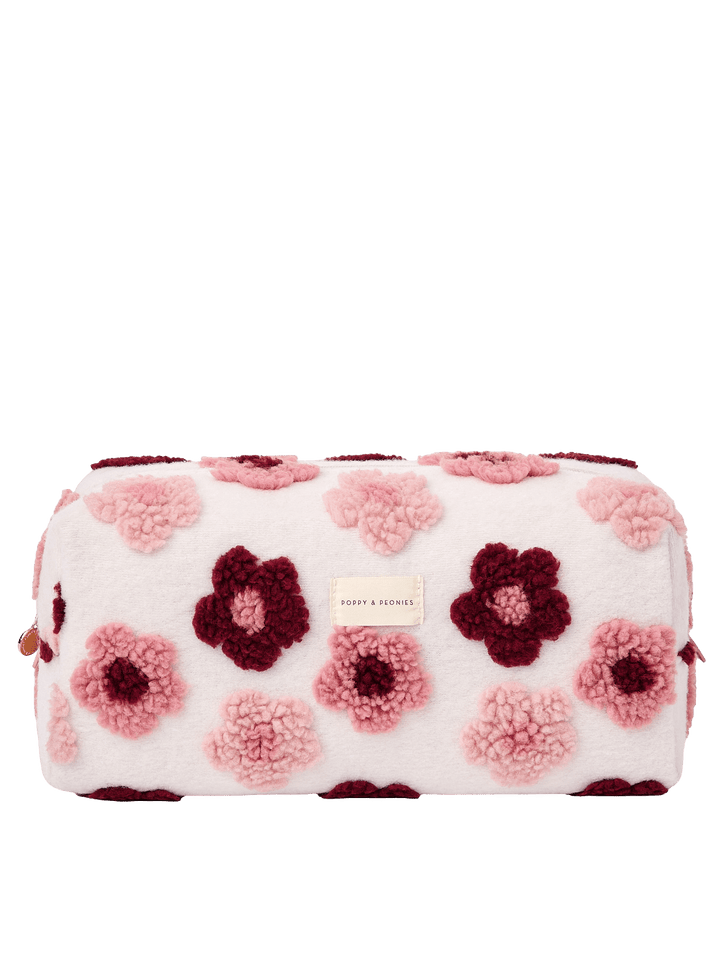 Poppy and Peonies The Mane Character Case Floral featuring a structured rectangular silhouette, soft cream-colored exterior with plush pink and berry floral patterns, rounded edges, zippered top closure, and gold-tone hardware.