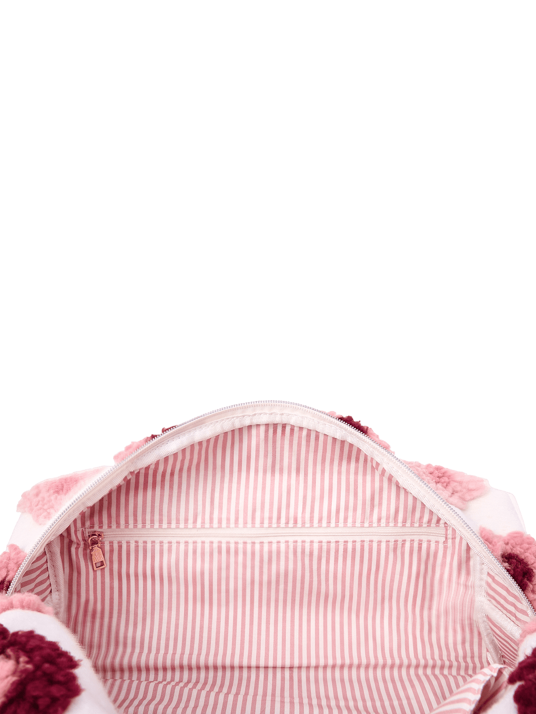 Poppy and Peonies The Mane Character Case Floral displayed open from above, showcasing its spacious main compartment, pink and white striped interior lining, and zippered opening.