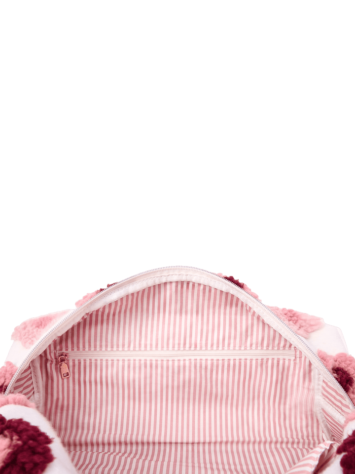 Poppy and Peonies The Mane Character Case Floral displayed open from above, showcasing its spacious main compartment, pink and white striped interior lining, and zippered opening.