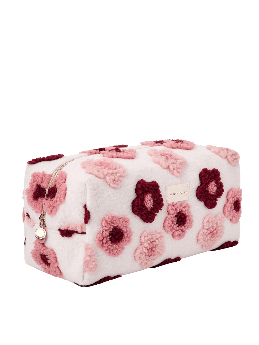 Poppy and Peonies The Mane Character Case Floral displayed at a three-quarter angle, highlighting its structured rectangular shape, soft cream-colored exterior with raised pink and berry floral patterns, rounded edges, and spacious side profile.