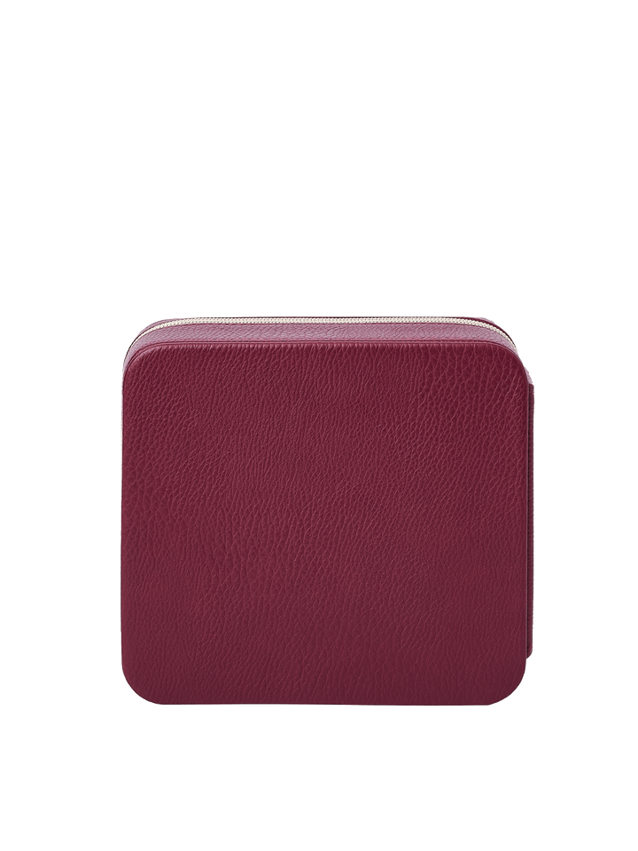 Poppy and Peonies The Out of Office Case Berry displayed from the back, featuring its textured berry exterior, compact square silhouette, rounded corners, and minimalist design.