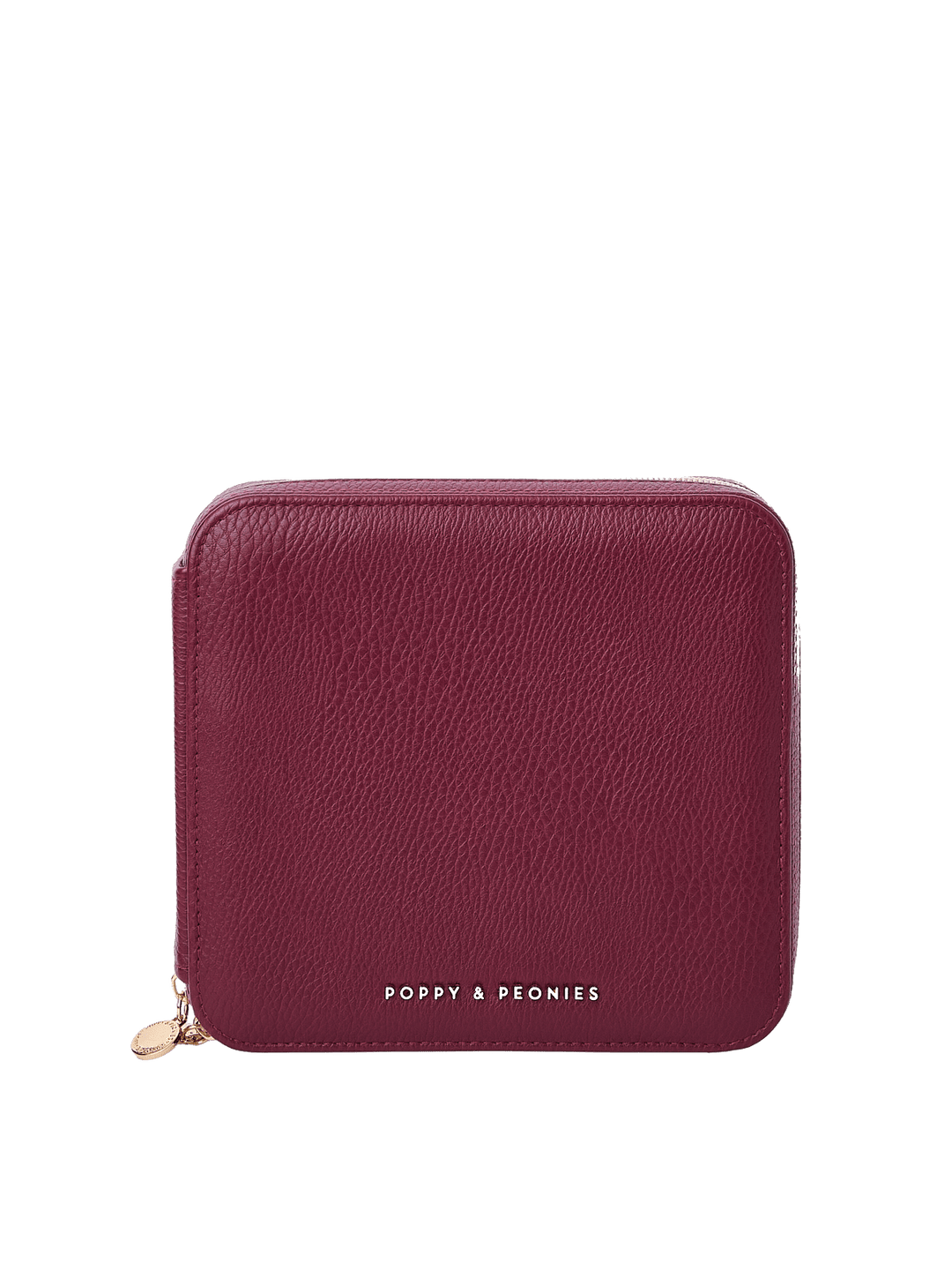Poppy and Peonies The Out of Office Case Berry featuring a compact square silhouette, textured berry exterior, rounded corners, gold-tone zipper closure with round zipper pull, and gold Poppy and Peonies logo near the bottom.