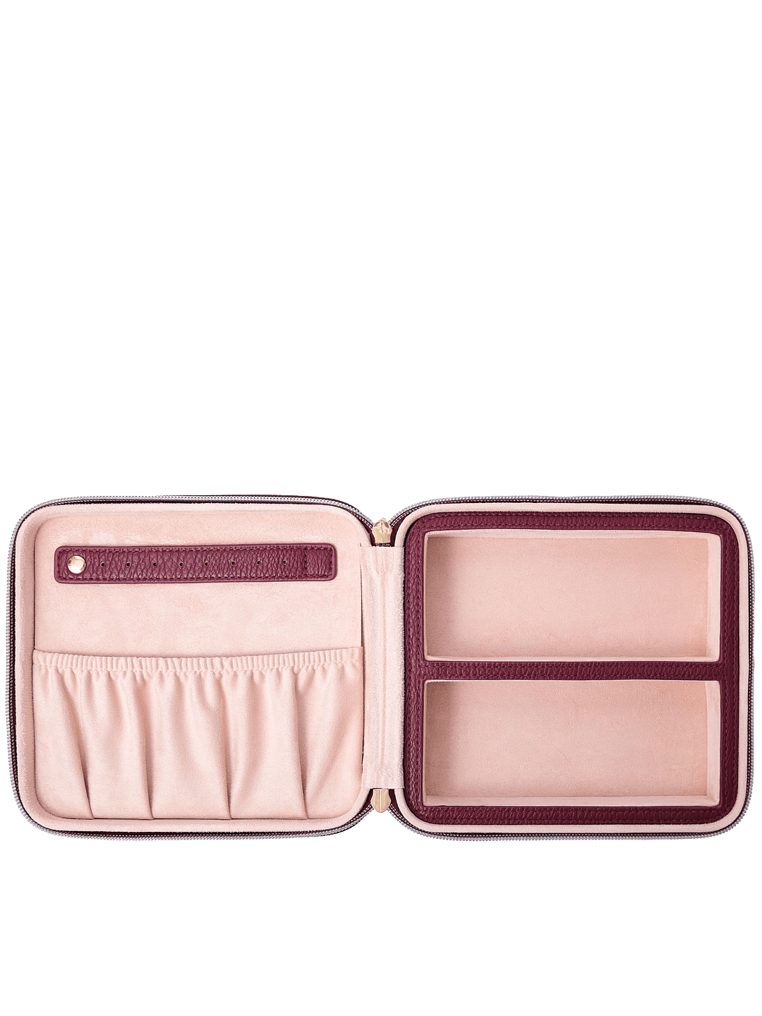 Poppy and Peonies The Out of Office Case Berry displayed fully open, revealing its blush pink interior with an elastic storage pocket, two divided compartments, and organized sections for storing small essentials.