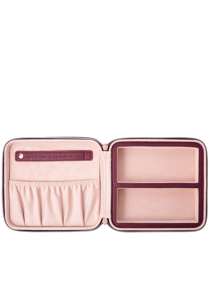 Poppy and Peonies The Out of Office Case Berry displayed fully open, revealing its blush pink interior with an elastic storage pocket, two divided compartments, and organized sections for storing small essentials.