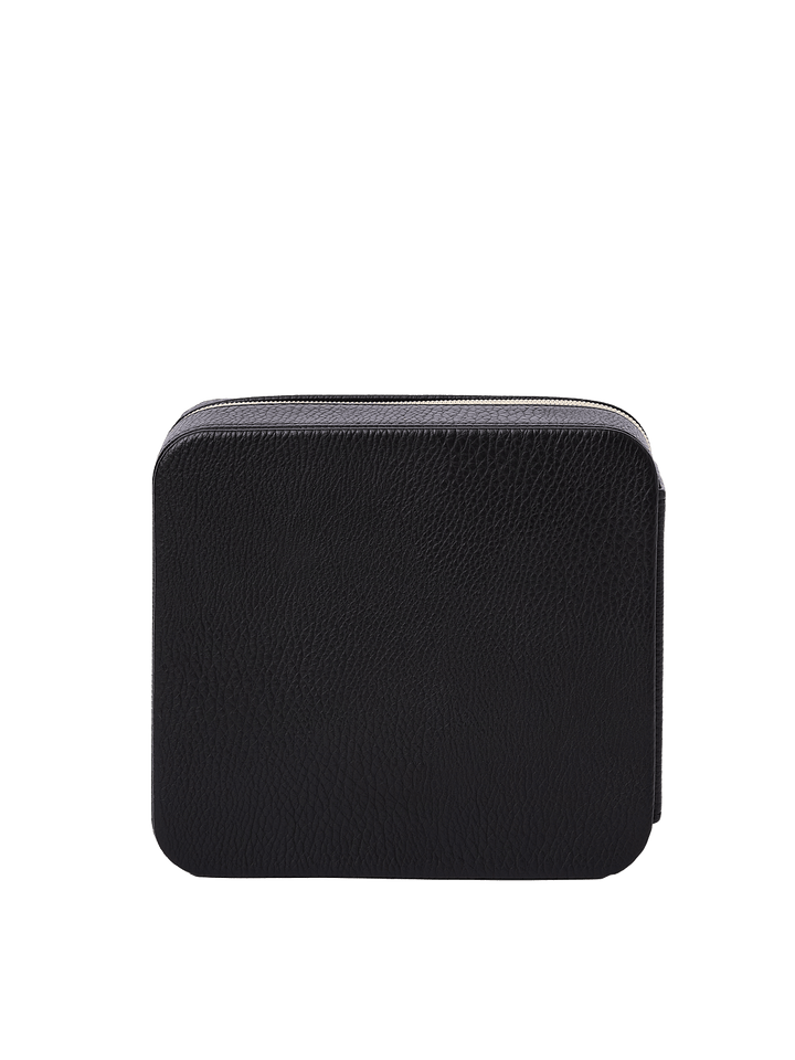 Poppy and Peonies The Out of Office Case Black displayed from the back, featuring its textured black exterior, compact square silhouette, rounded corners, and minimalist design.
