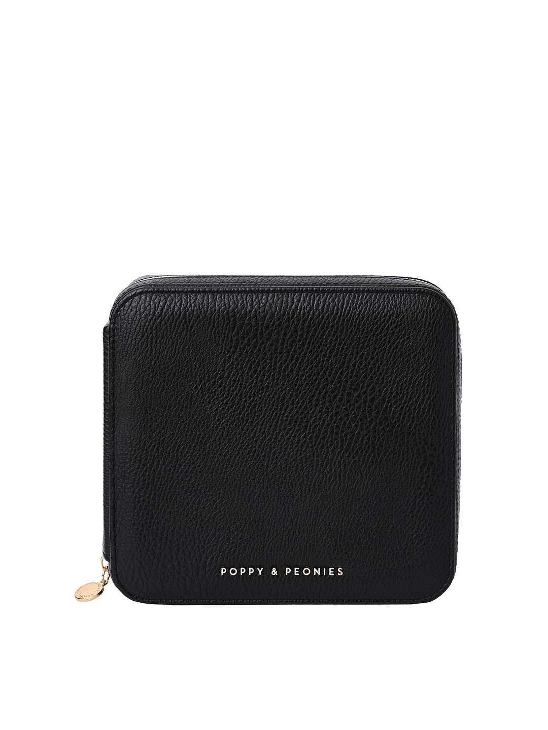 Poppy and Peonies The Out of Office Case Black featuring a compact square silhouette, textured black exterior, rounded corners, gold-tone zipper closure with round zipper pull, and gold Poppy and Peonies logo near the bottom.