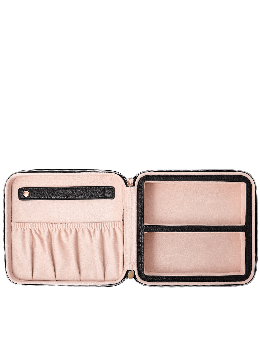 Poppy and Peonies The Out of Office Case Black displayed fully open, revealing its blush pink interior with an elastic storage pocket, two divided compartments, and organized sections for storing small essentials.