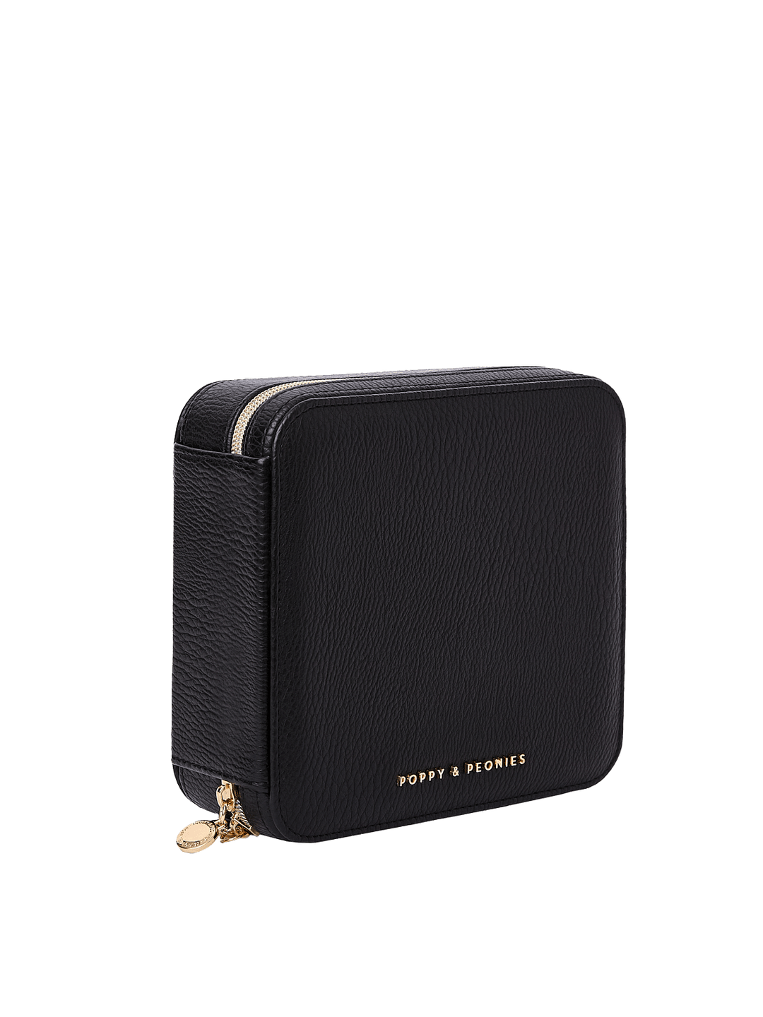 Poppy and Peonies The Out of Office Case Black displayed at a three-quarter angle, highlighting its structured square shape, textured black exterior, gold-tone zip-around closure, round zipper pull, and subtle Poppy and Peonies logo near the bottom.