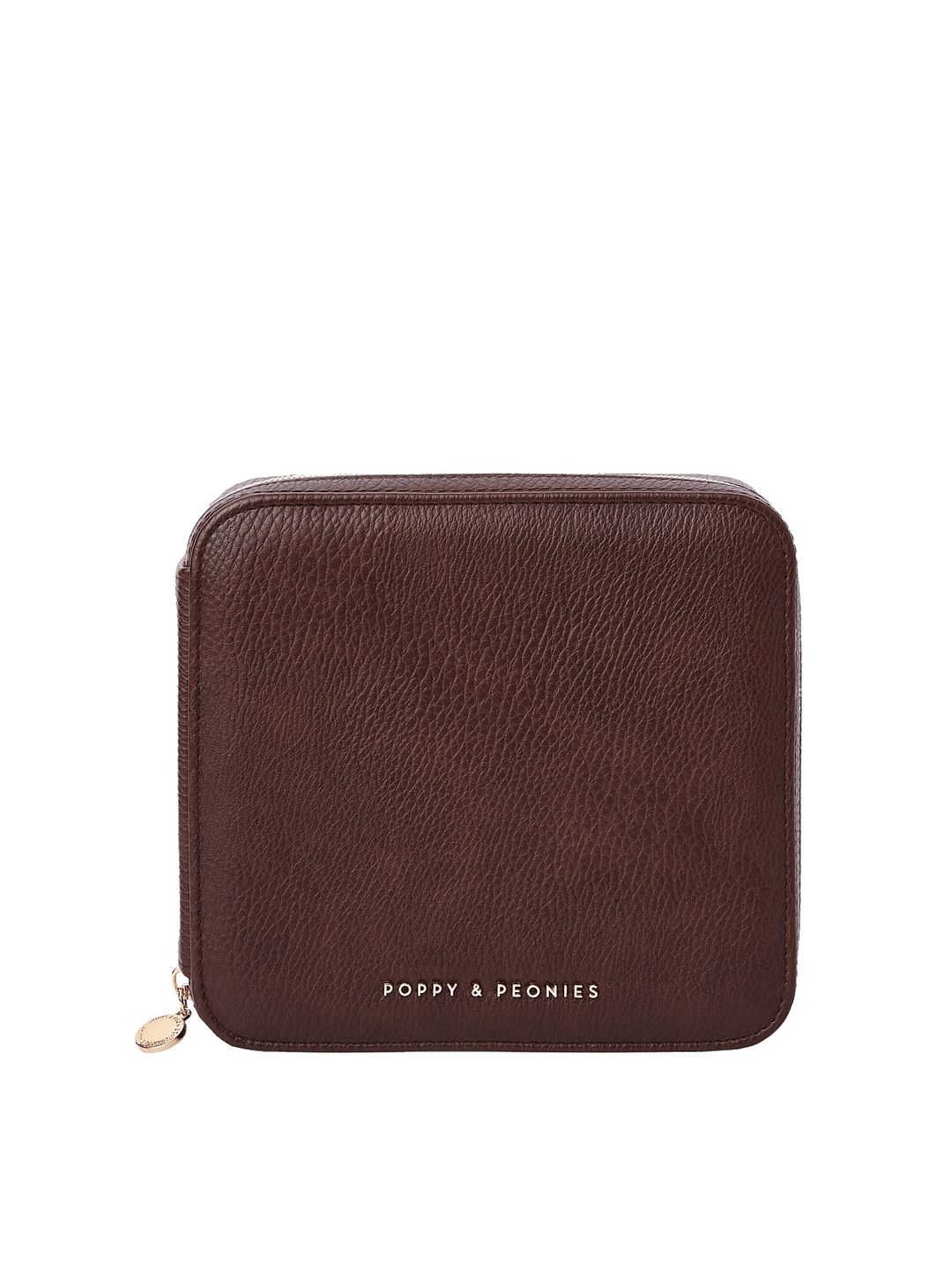 Poppy and Peonies The Out of Office Case Espresso featuring a compact square silhouette, textured espresso exterior, rounded corners, gold-tone zipper closure with round zipper pull, and gold Poppy and Peonies logo near the bottom.