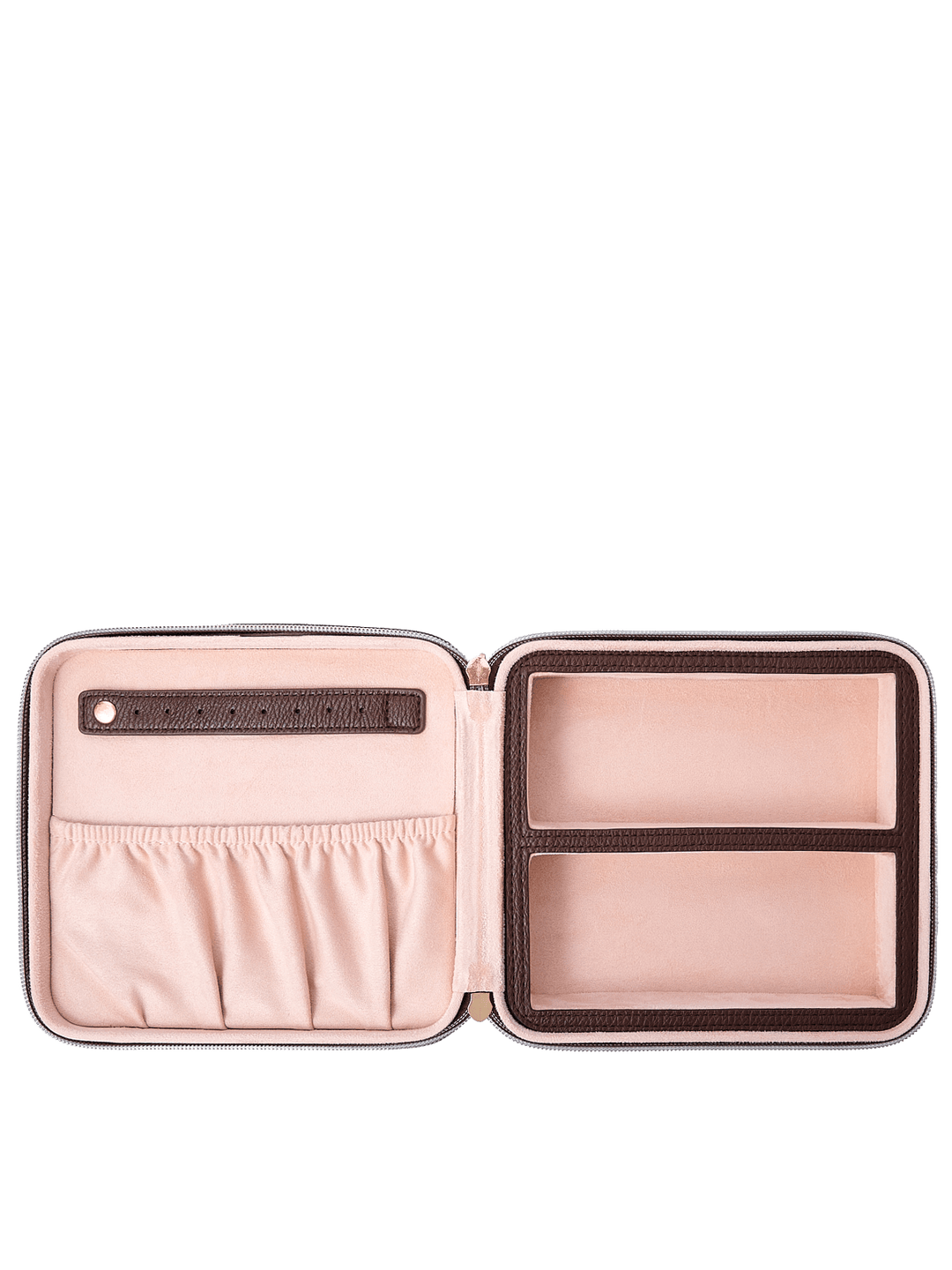 Poppy and Peonies The Out of Office Case Espresso displayed fully open, revealing its blush pink interior with an elastic storage pocket, divided compartments, and organized sections for storing small essentials.