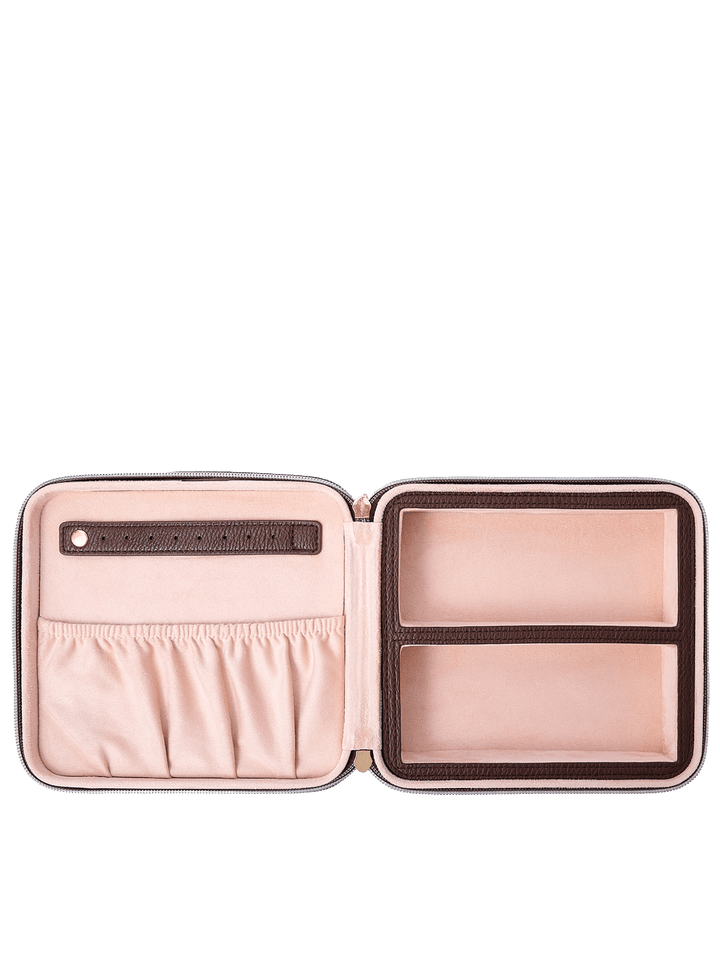 Poppy and Peonies The Out of Office Case Espresso displayed fully open, revealing its blush pink interior with an elastic storage pocket, divided compartments, and organized sections for storing small essentials.