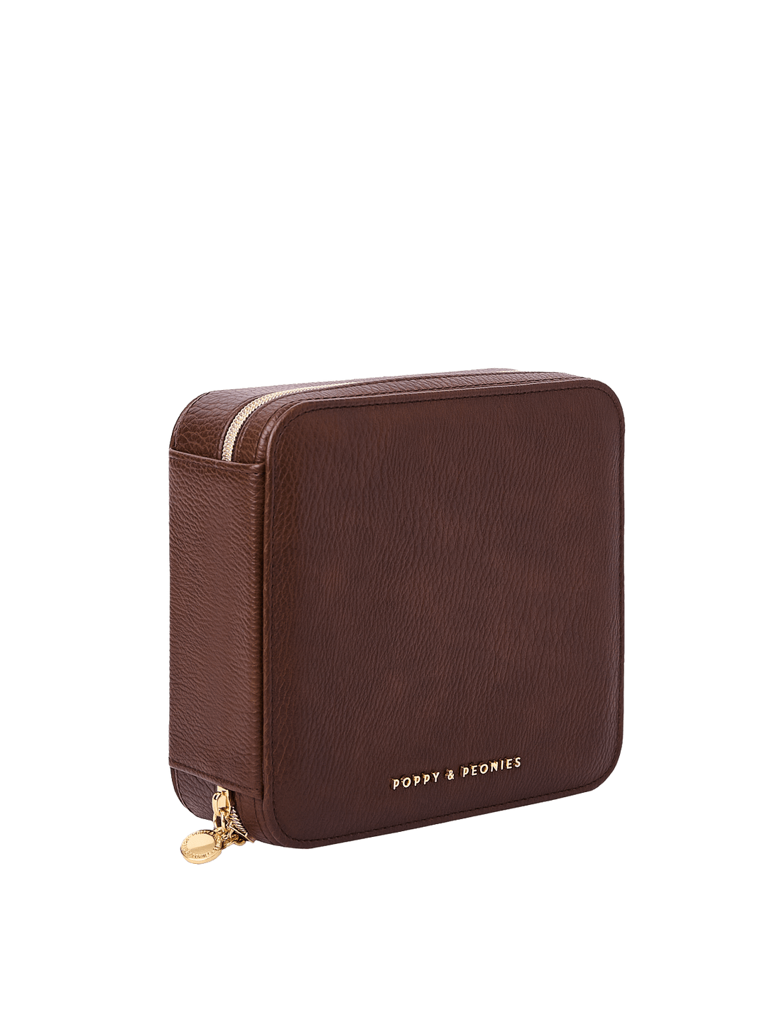 Poppy and Peonies The Out of Office Case Espresso displayed at a three-quarter angle, highlighting its structured square shape, textured espresso exterior, gold-tone zip-around closure, round zipper pull, and subtle Poppy and Peonies logo near the bottom.