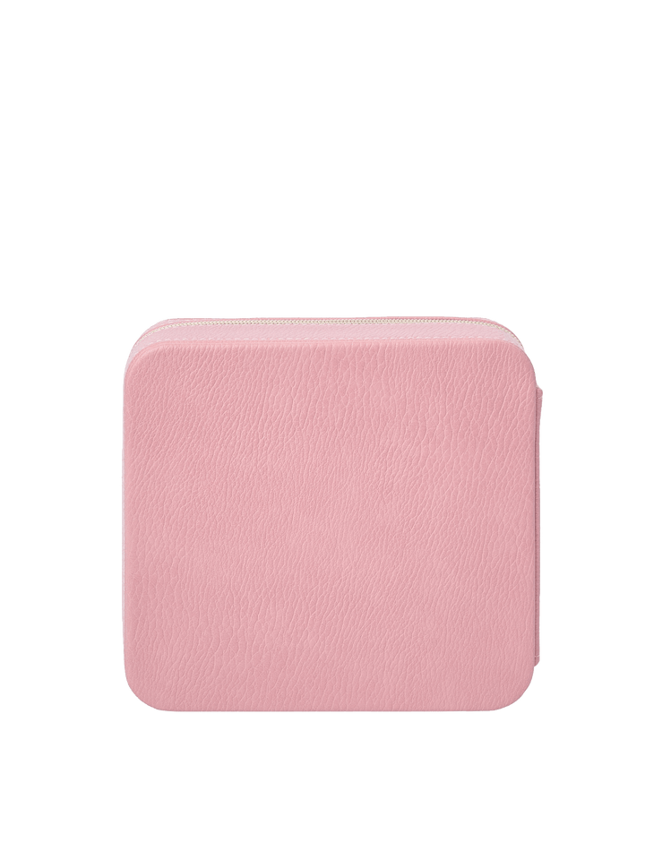 Poppy and Peonies The Out of Office Case Rosé displayed from the back, featuring its textured soft pink exterior, compact square silhouette, rounded corners, and minimalist design.