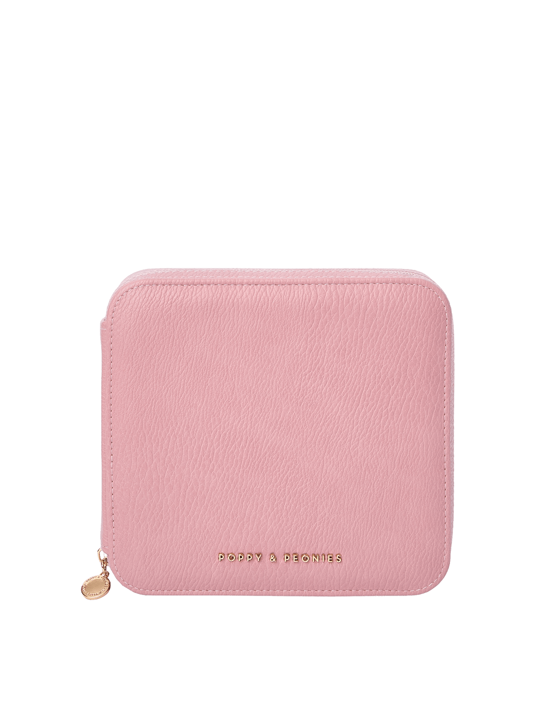 Poppy and Peonies The Out of Office Case Rosé featuring a compact square silhouette, textured soft pink exterior, rounded corners, gold-tone zipper closure with round zipper pull, and gold Poppy and Peonies logo near the bottom.