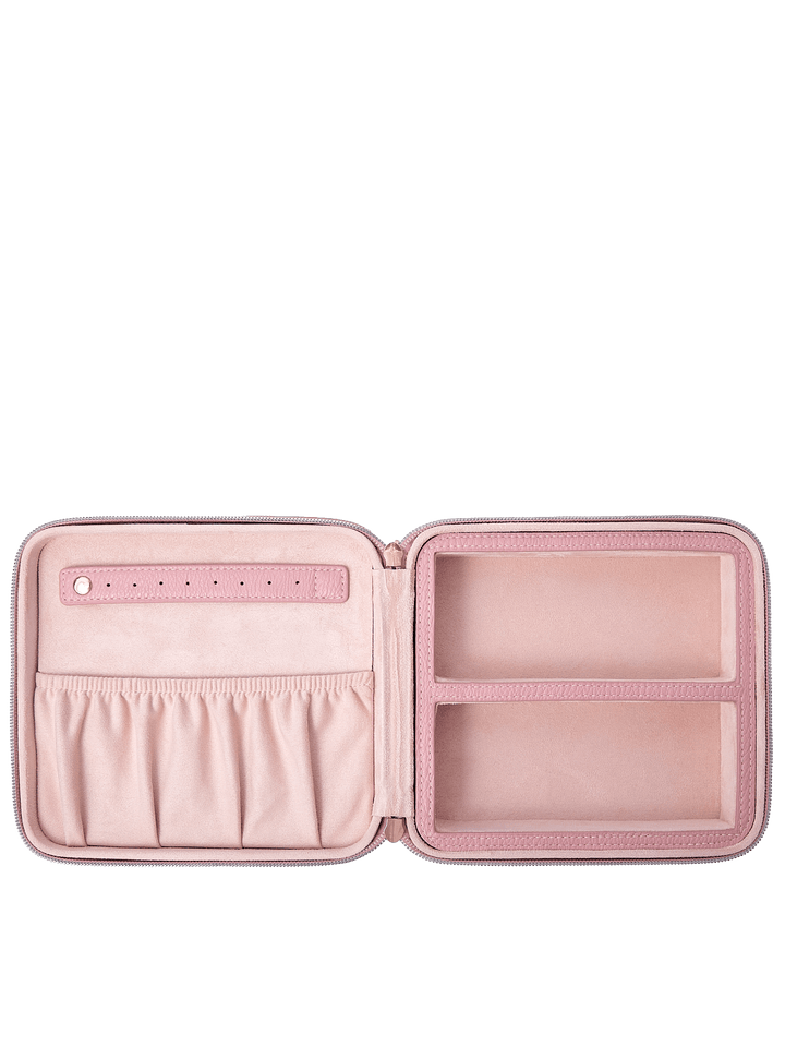 Poppy and Peonies The Out of Office Case Rosé displayed fully open, revealing its blush pink interior with an elastic storage pocket, divided compartments, and organized sections for storing small essentials.