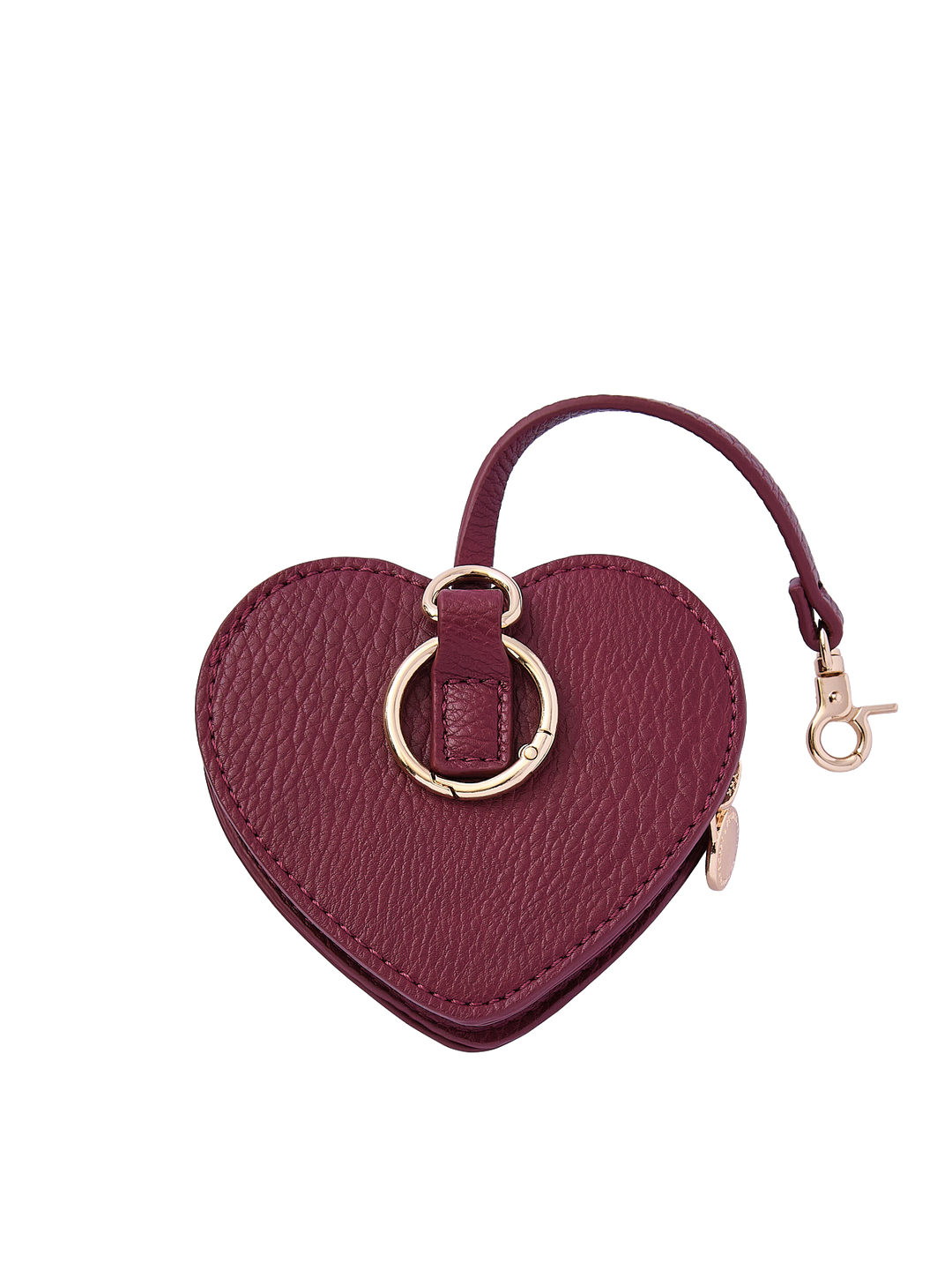 Poppy & Peonies Berry Heart Bag Charm back view, showing the textured berry exterior, gold-tone O-ring and short strap with clasp.