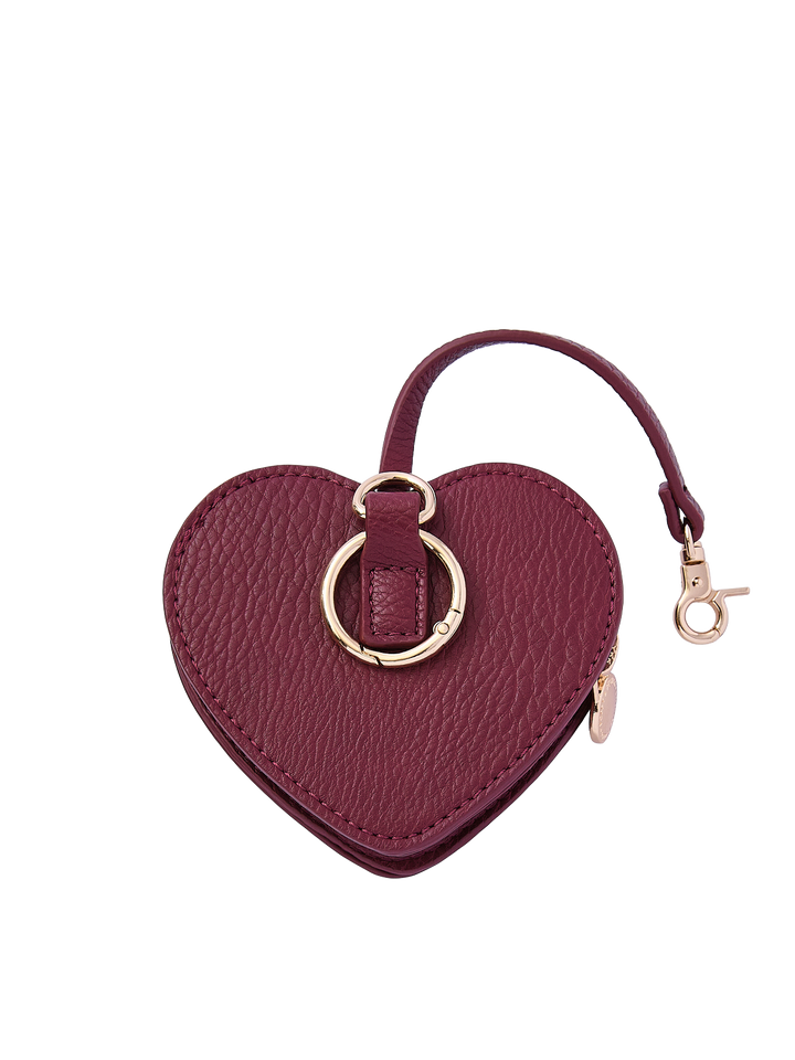 Poppy & Peonies Berry Heart Bag Charm back view, showing the textured berry exterior, gold-tone O-ring and short strap with clasp.