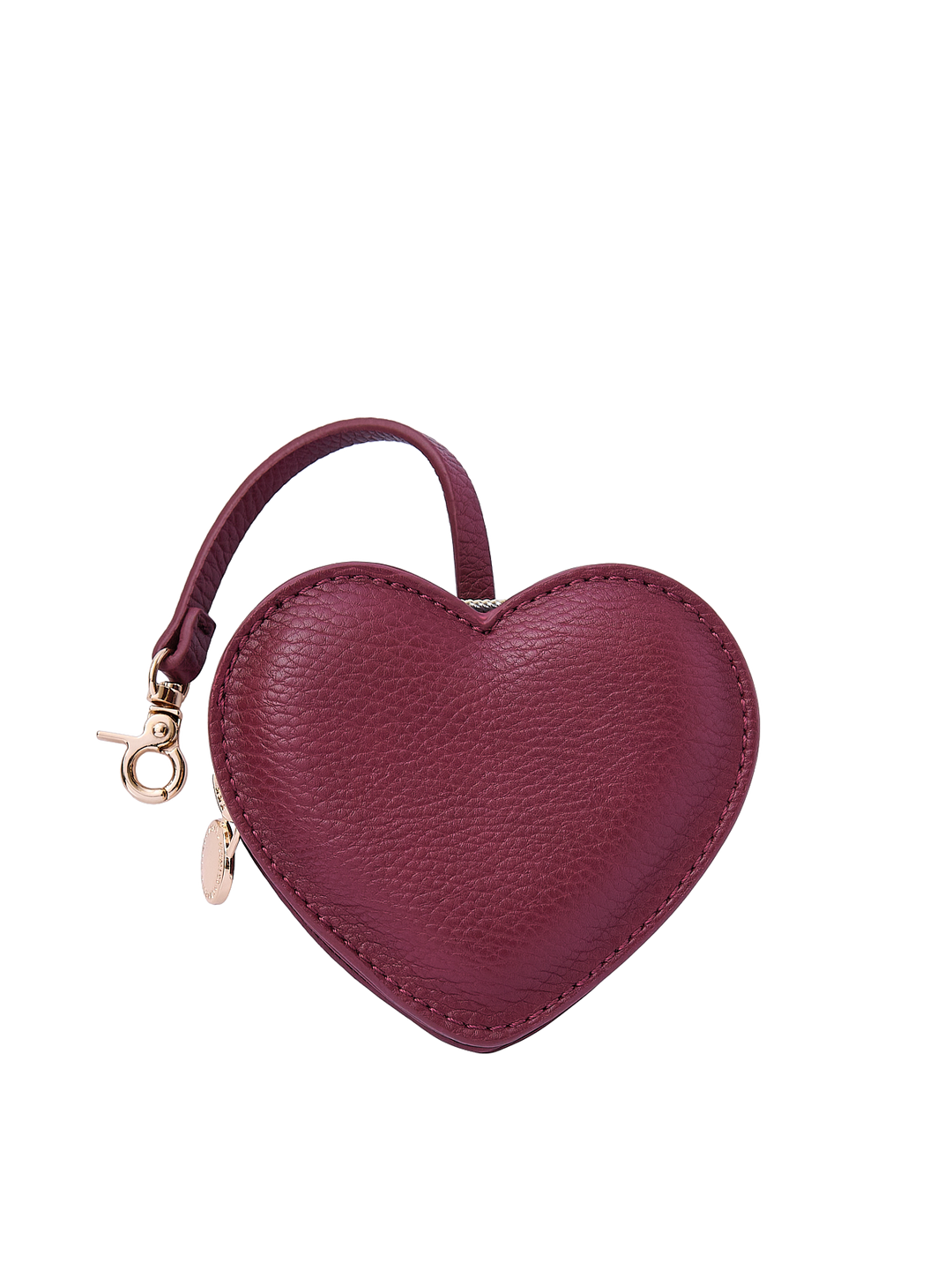 Poppy & Peonies Berry Heart Bag Charm front view, featuring a heart-shaped design in a rich berry tone with a short strap, clasp and gold-tone hardware.