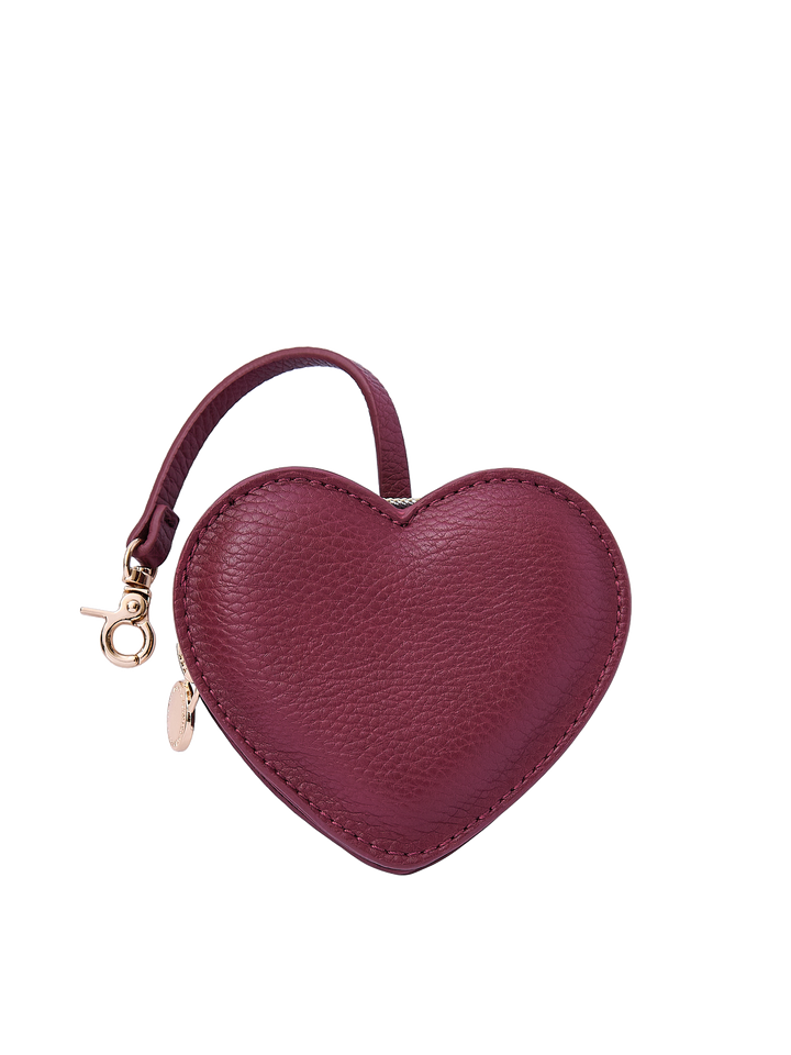Poppy & Peonies Berry Heart Bag Charm front view, featuring a heart-shaped design in a rich berry tone with a short strap, clasp and gold-tone hardware.