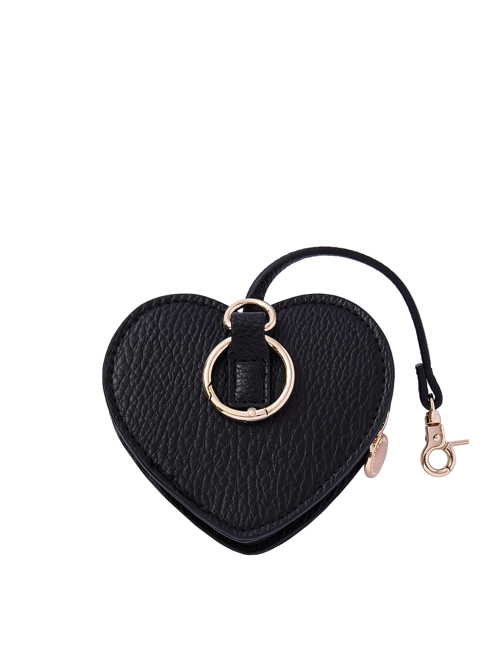 Poppy & Peonies Black Heart Bag Charm back view, showing the textured black exterior, gold-tone O-ring and short strap with clasp.