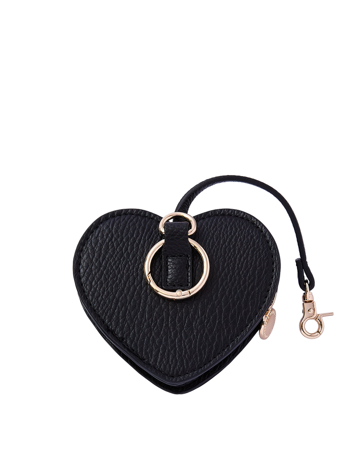 Poppy & Peonies Black Heart Bag Charm back view, showing the textured black exterior, gold-tone O-ring and short strap with clasp.