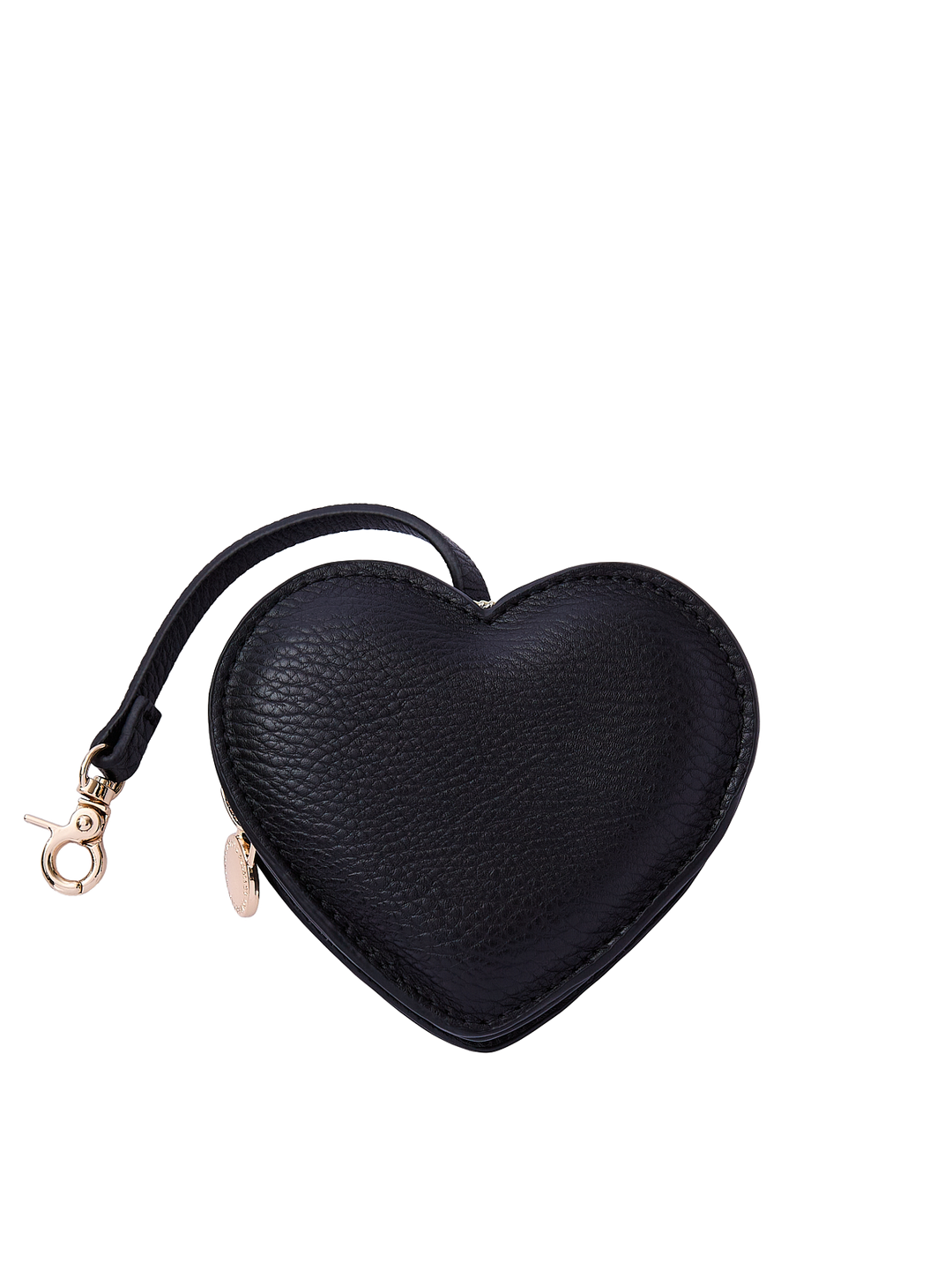 Poppy & Peonies Black Heart Bag Charm front view, featuring a heart-shaped design in black with a short strap, clasp and gold-tone hardware.