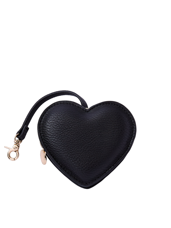 Poppy & Peonies Black Heart Bag Charm front view, featuring a heart-shaped design in black with a short strap, clasp and gold-tone hardware.