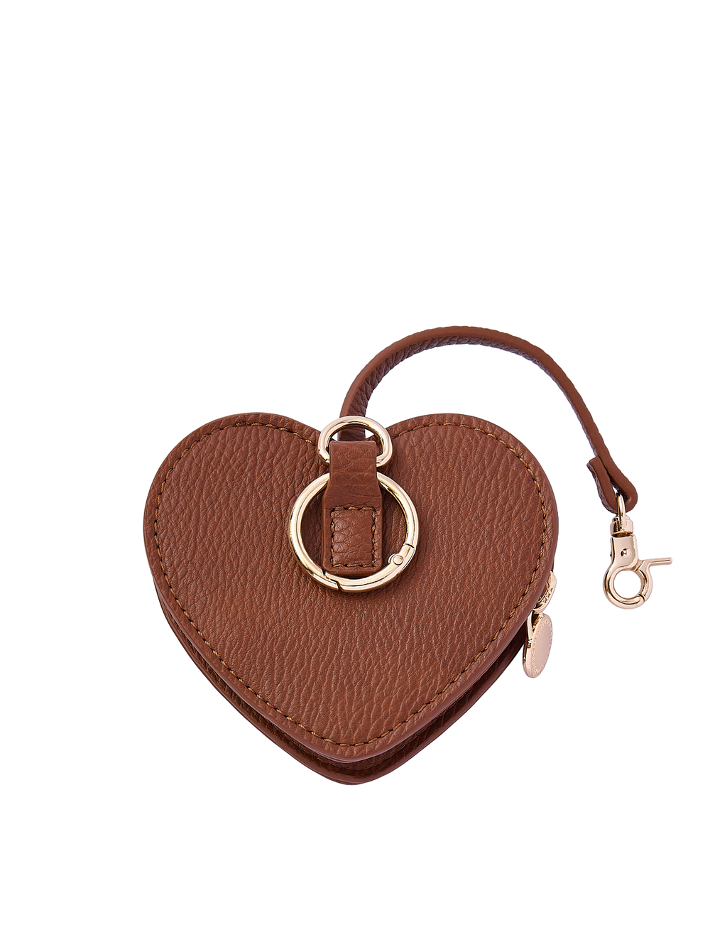 Poppy & Peonies Chestnut Heart Bag Charm back view, showing the textured chestnut brown exterior, gold-tone O-ring and short strap with clasp.