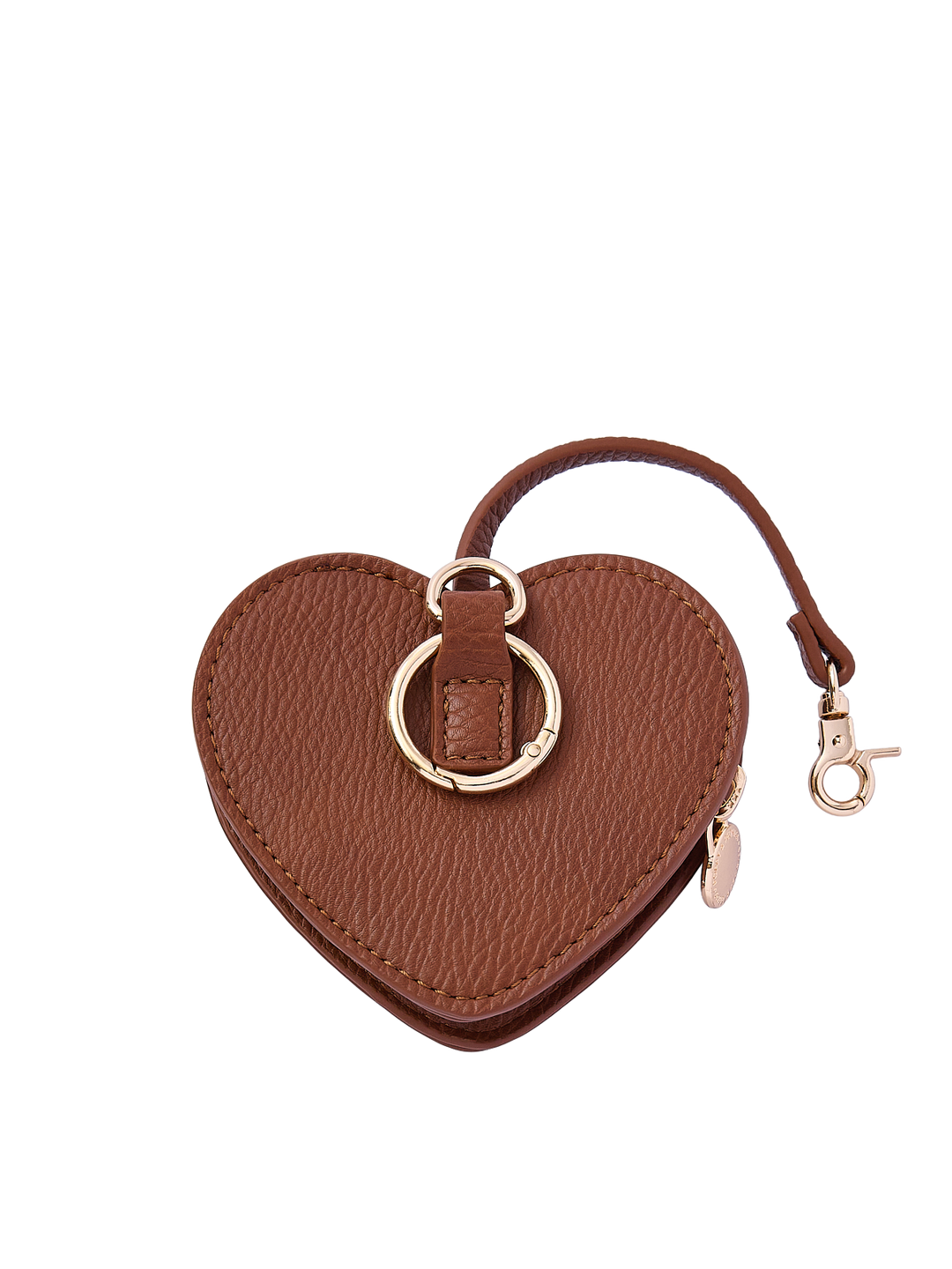 Poppy & Peonies Chestnut Heart Bag Charm back view, showing the textured chestnut brown exterior, gold-tone O-ring and short strap with clasp.