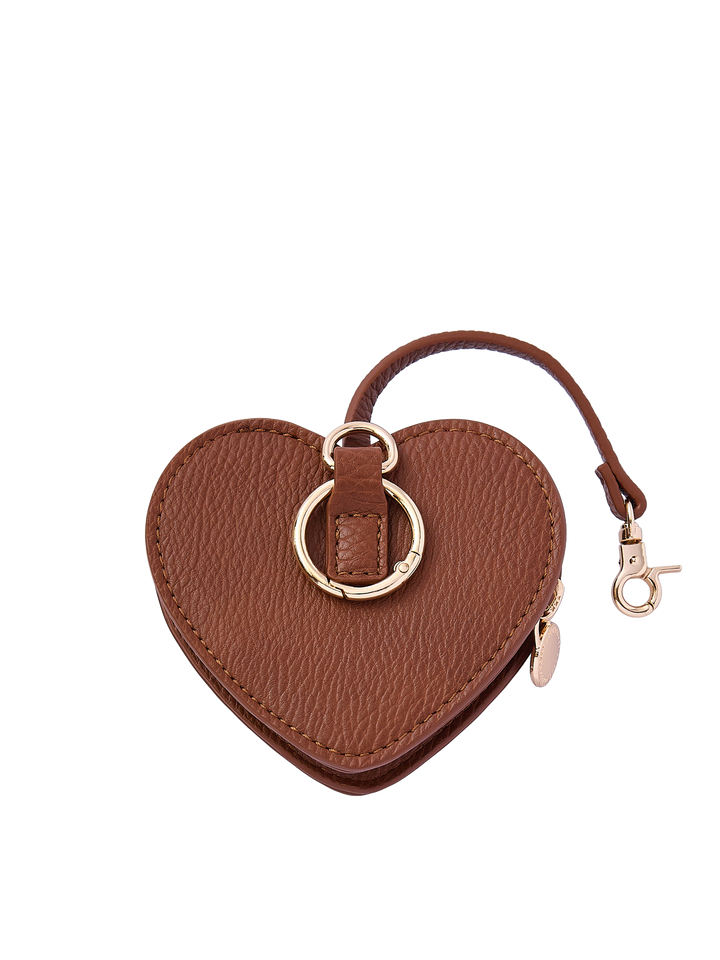 Poppy & Peonies Chestnut Heart Bag Charm back view, showing the textured chestnut brown exterior, gold-tone O-ring and short strap with clasp.