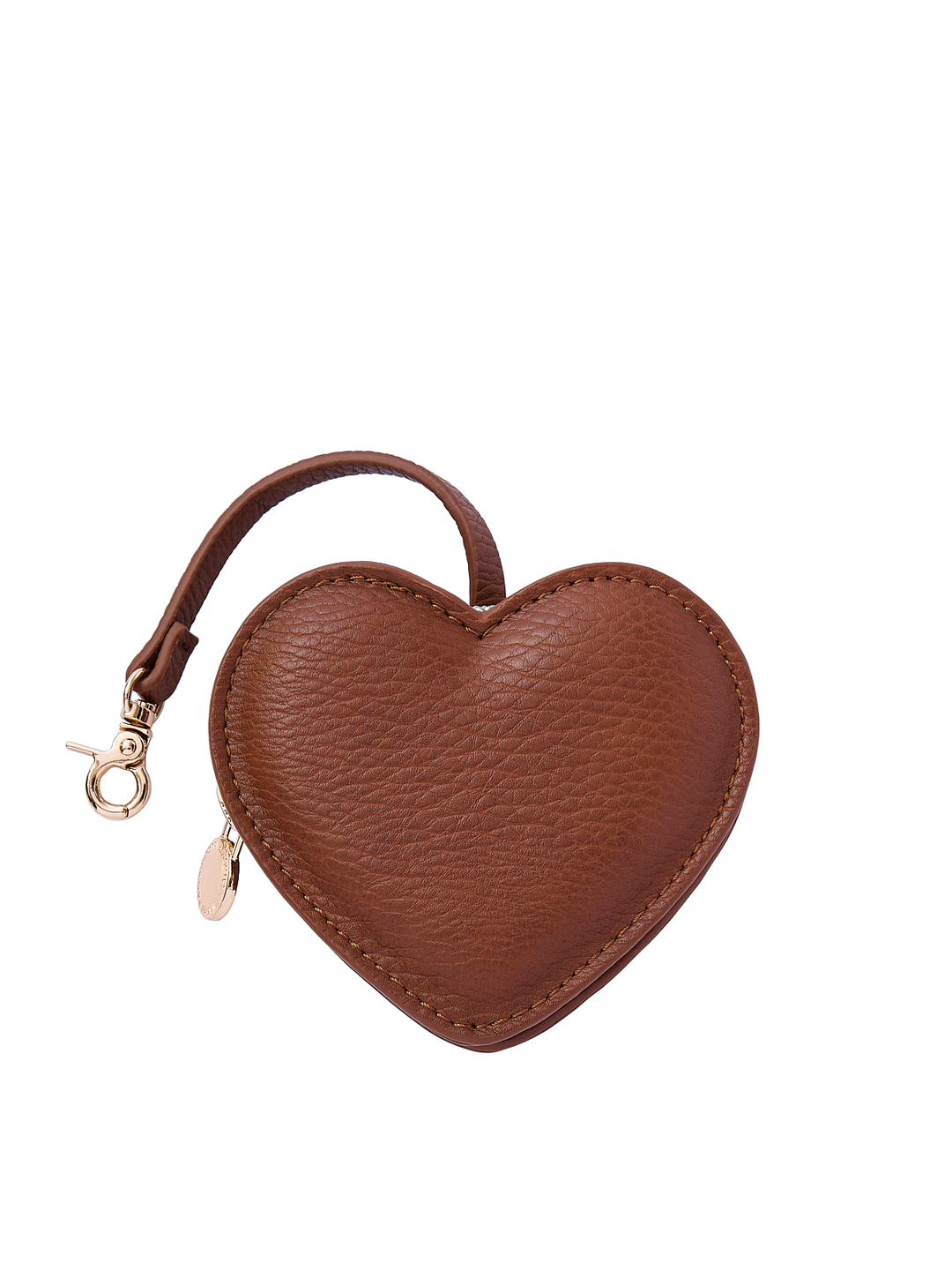 Poppy & Peonies Chestnut Heart Bag Charm front view, featuring a heart-shaped design in warm chestnut brown with a short strap, clasp and gold-tone hardware.