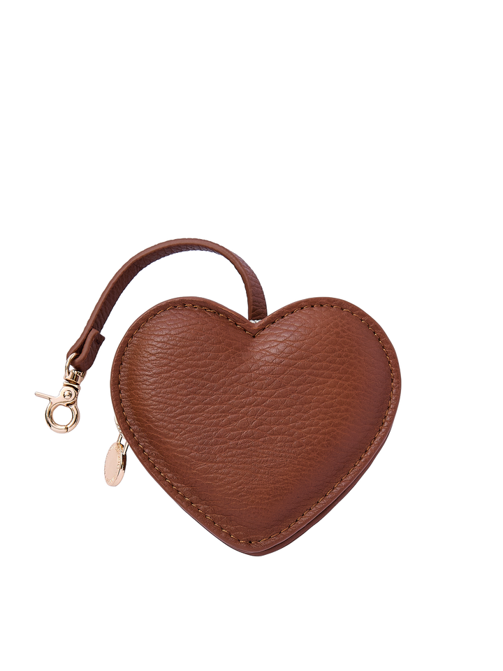 Poppy & Peonies Chestnut Heart Bag Charm front view, featuring a heart-shaped design in warm chestnut brown with a short strap, clasp and gold-tone hardware.
