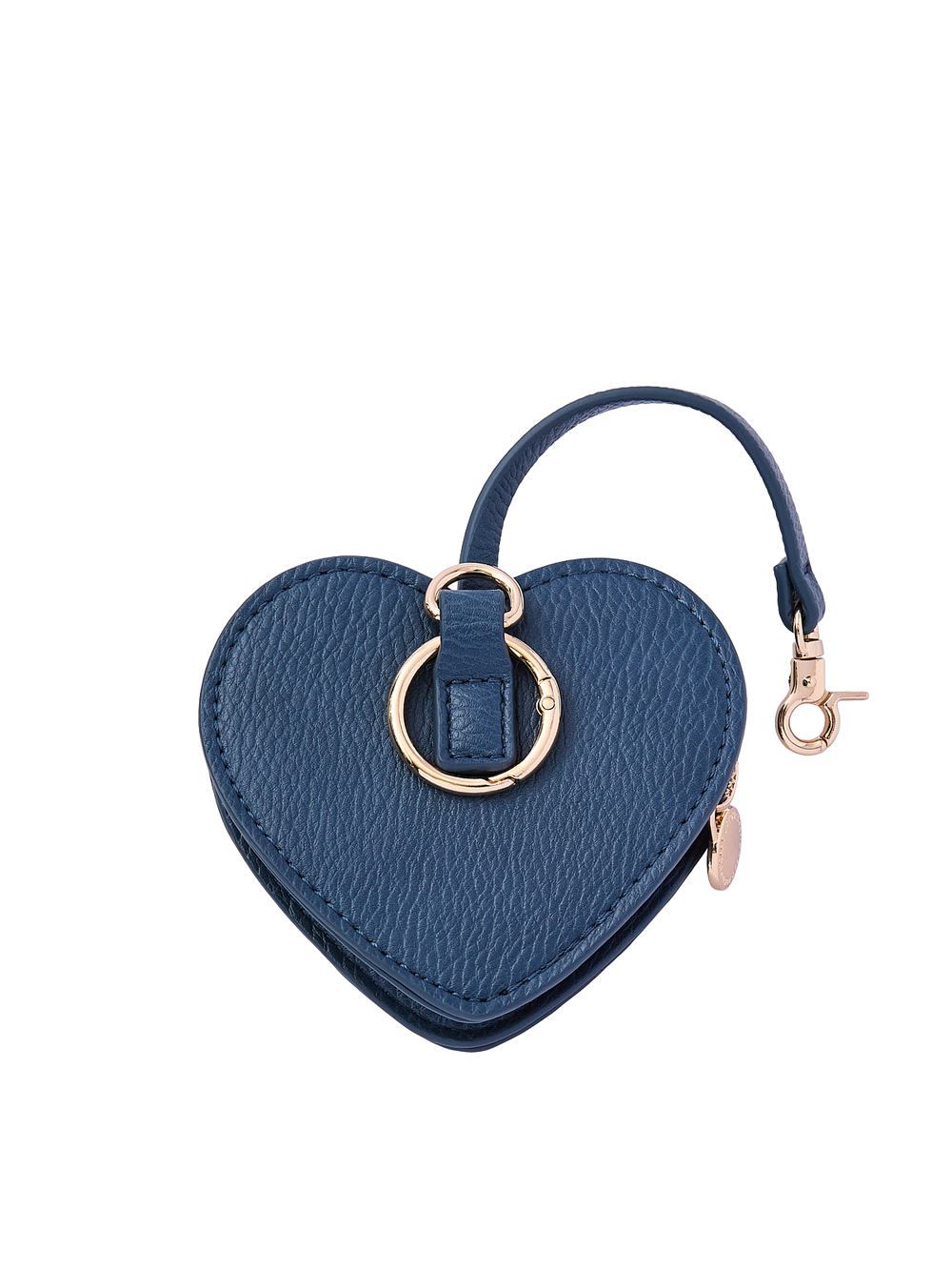 Poppy & Peonies Navy Heart Bag Charm back view, showing the textured navy exterior, gold-tone O-ring and short strap with clasp.