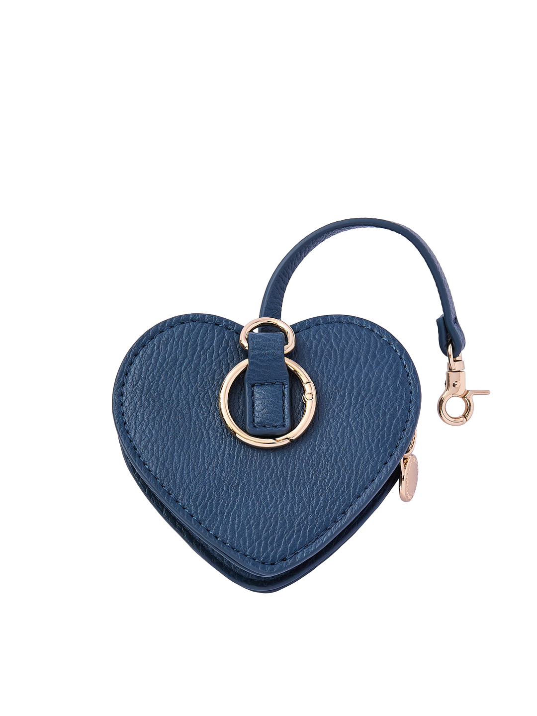 Poppy & Peonies Navy Heart Bag Charm back view, showing the textured navy exterior, gold-tone O-ring and short strap with clasp.