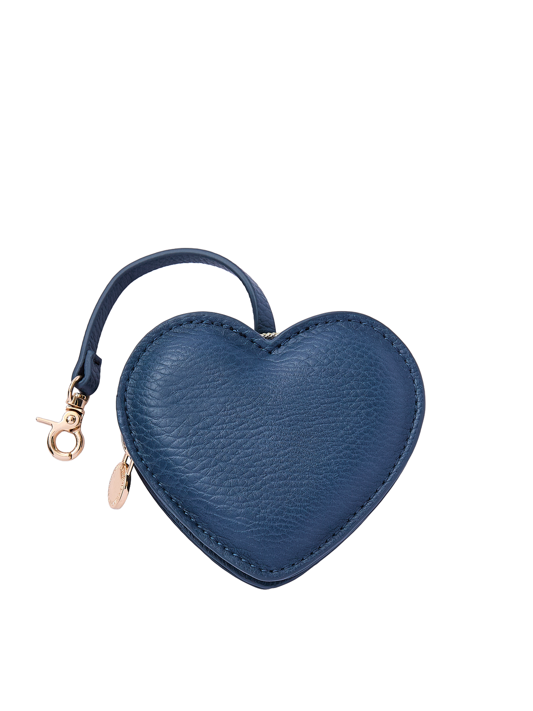 Poppy & Peonies Navy Heart Bag Charm front view, featuring a heart-shaped design in navy with a short strap, clasp and gold-tone hardware.